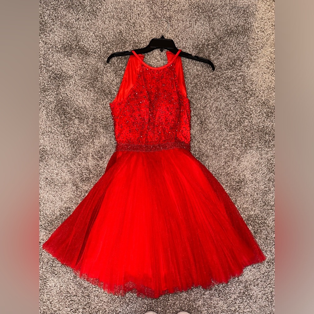 Sherri Hill Red Beaded Tulle Mini Dress